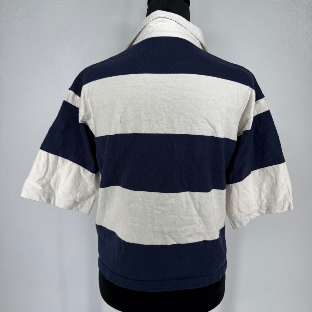 American Eagle Women Rugby Polo Shirt Navy Big Stripe Cropped Academia M Baggy - Picture 6 of 7